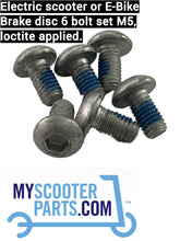 Set of 6 M5 brake disc bolts with pre-applied Loctite, designed for electric scooters and e-bikes."